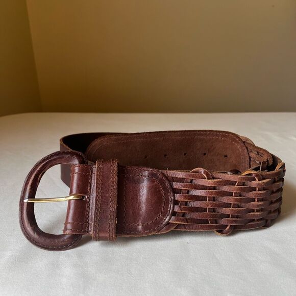 Vintage 90s Liz Claiborne Wide Brown Woven Leather Waist Belt L Covered Buckle - Picture 7 of 8